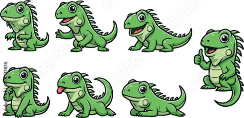 vector illustration of iguana reptile funny cute cartoon mascot character cartoon with 7 poses 01