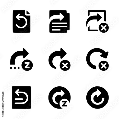 Collection of various black glyph icons depicting undo, redo, refresh, and transfer actions with sleep and cancel states