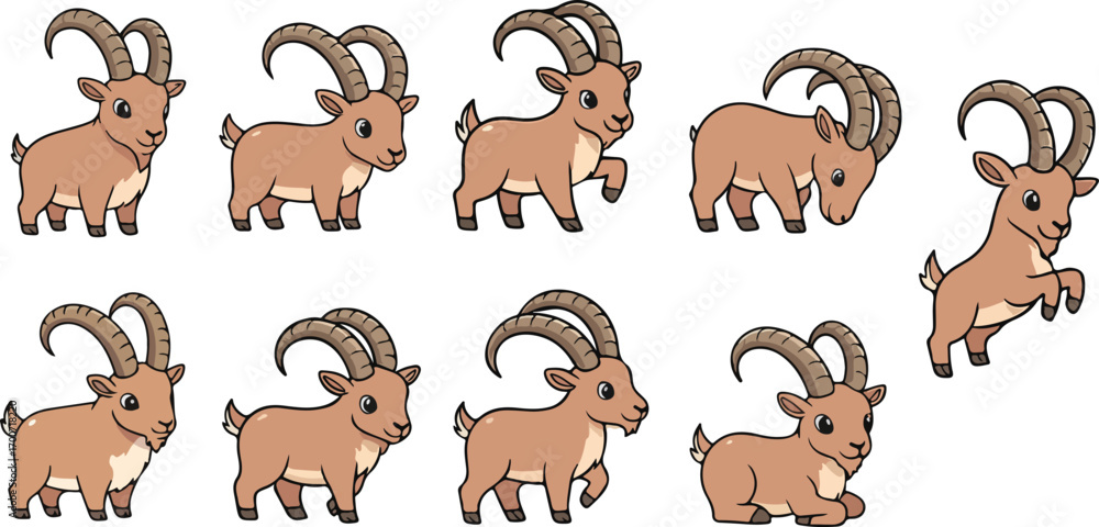 Fototapeta premium vector illustration of ibex goat funny cute cartoon mascot character cartoon with 9 poses 02
