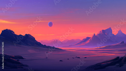 Alien sunset: Witness a breathtaking extraterrestrial landscape bathed in the vibrant hues of a setting sun, evoking a sense of wonder and mystery.