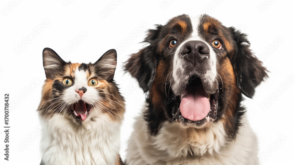 Fototapeta premium ultra realistic photo of a Saint Bernard dog and a tortoiseshell cat sitting side by side