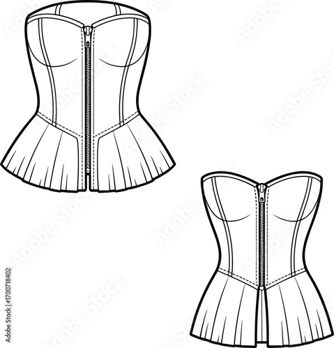 Corset top design, bustier fashion sketch, lingerie garment pattern, clothing template outline, sewing apparel vector, cad drawing flat vector illustration