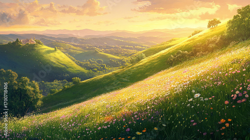 Rolling Hills under a golden sun: Embrace the serenity of nature as gentle rolling hills cascade under a warm golden sun, inviting tranquility and peace to the heart.