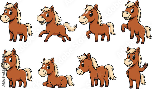 vector illustration of horse funny cute cartoon mascot character cartoon with 8 poses 01