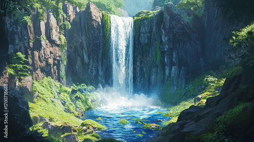 Majestic Waterfall: A mesmerizing cascading waterfall plunges down rugged cliffs, its waters collecting in a tranquil pool below. Lush greenery embraces the scene.