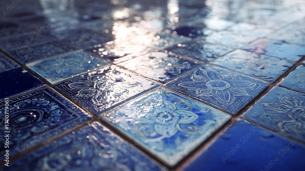 Naklejka premium Blue glass tiles arranged in intricate pattern with water droplets reflecting light in dark room 