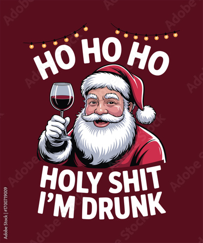 Santa Claus holding wine glass with text Christmas