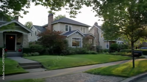 Suburban homes sunset street view, tree, lawn