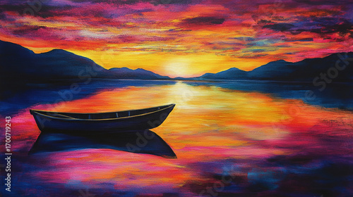 Sunset Serenity: A tranquil boat floats serenely on a shimmering lake reflecting a breathtaking sunset ablaze with vibrant hues of orange, pink, and purple, framed by distant mountains.