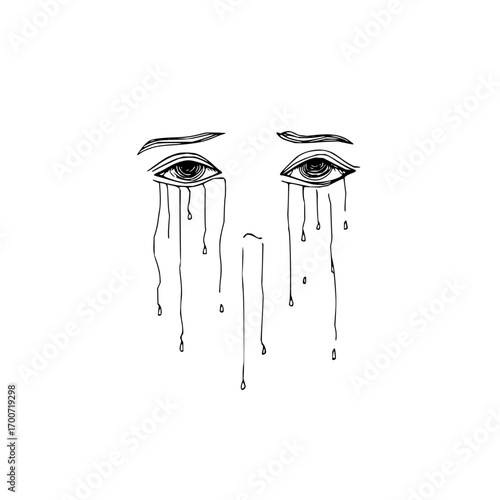 Illustration of crying eyes with tears streaming down a face in a minimalist black and white style art