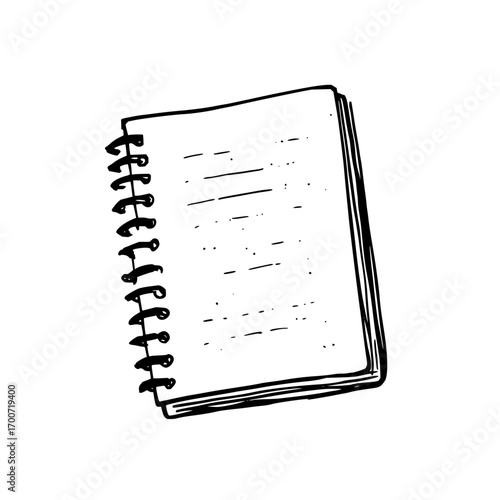 Illustration of a spiral notebook with lined pages in a simple black and white sketch style drawing