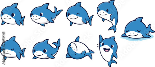 vector illustration of shark funny cute cartoon mascot character cartoon with 9 poses