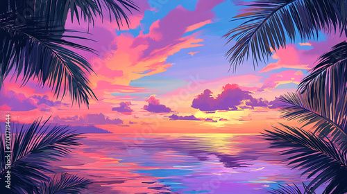 Sunset Serenity: A mesmerizing coastal sunset paints the sky with vibrant hues of pink and orange, reflected in the tranquil water below, framed by lush palm leaves.