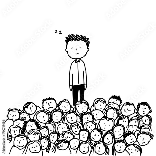 A man standing above a crowd of people with z's above his head indicating he is sleeping or bored in black and white