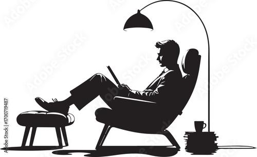 Silhouette of man in suit reading on chair with ottoman and floor lamp vector illustration