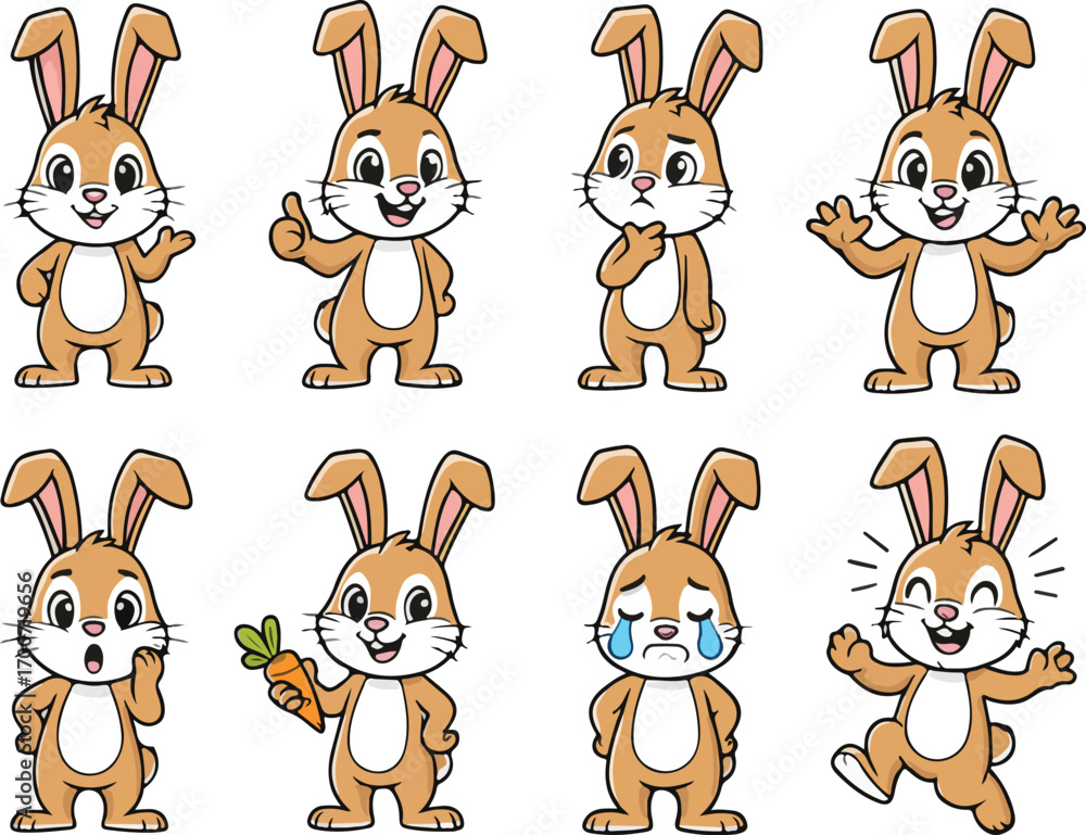 Naklejka premium vector illustration of hare jackrabbit funny cute cartoon mascot character cartoon with 8 poses