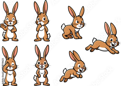 vector illustration of hare jackrabbit funny cute cartoon mascot character cartoon with 7 poses
