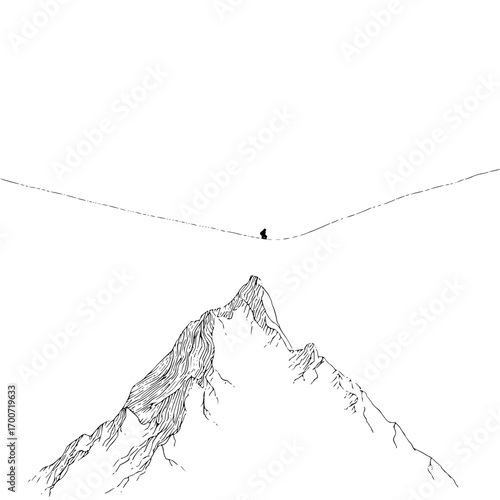 A minimalist sketch of a person walking on a tightrope above a mountain peak against a white background