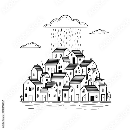 Illustration of a black and white townscape with houses under a rain cloud and small trees around it