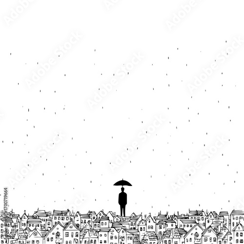 Silhouette of a person with an umbrella standing above a town in the rain in a black and white illustration