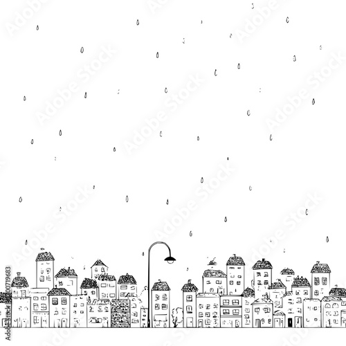 Illustration of a cityscape with buildings street lamp and rain artistic black and white drawing style
