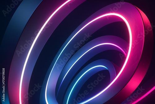 Abstract background of a futuristic neon vortex with glowing rings. Digital technology and data tunnel concepts. Luminous, concentric circles creating a dynamic and immersive light effect.