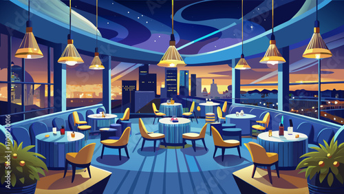 Splendid panoramic 360 view of a luxury rooftop restaurant, showcasing midnight blue chairs, glass railing views of city lights, brass fixtures, and candlelit tables, offering glamour, excitement, and