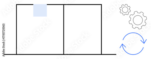 Gear icons, a synchronization loop, and a simple grid layout emphasizing process automation and business efficiency. Ideal for workflow, productivity, teamwork, innovation, development, improvement
