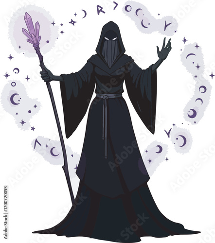 Mysterious sorceress conjures magic with crystal staff and celestial symbols