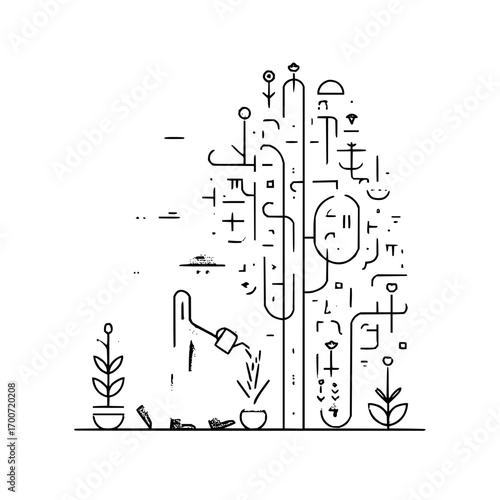 Abstract illustration of a watering can pouring water on a plant with geometric shapes and lines