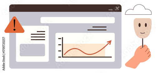 Browser window shows chart with upward trend, alert icon alongside hand holding mask. Ideal for growth, online security, analytics, identity, success, website safety monitoring. Simple flat metaphor
