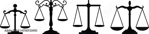 Scales of justice silhouettes, law balance icons, legal fairness symbol, lawyer judgment sign, equality concept, cad drawing flat vector illustration
