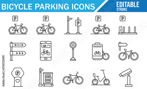 Vector icon set of bicycle stands, signs, and storage facilities in line style