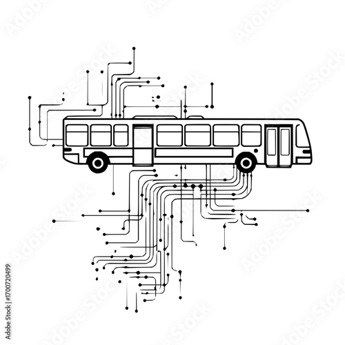 Illustration of a bus connected by lines and dots representing a network or circuit diagram design concept