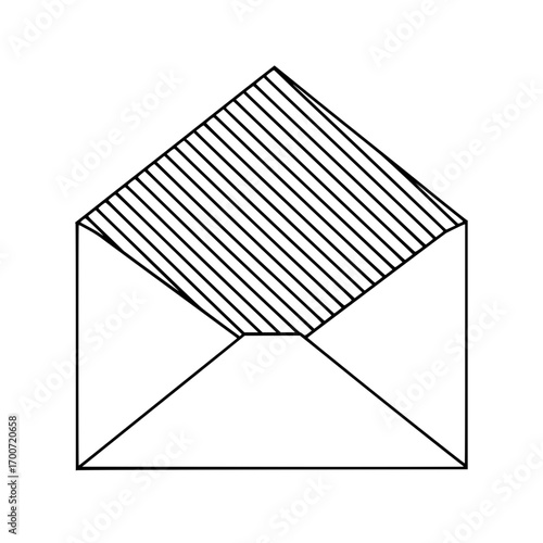 Open envelope with diagonal lines on the flap in black and white outline style simple illustration