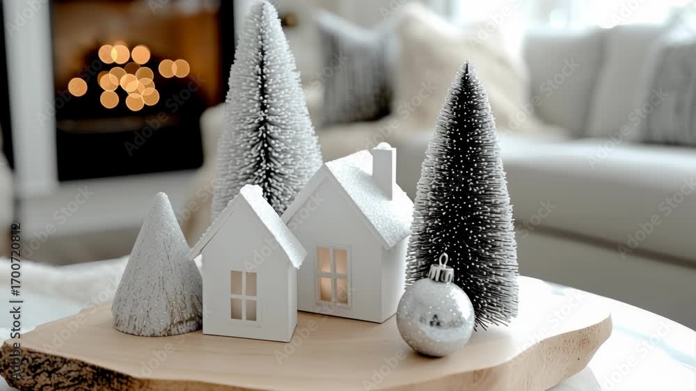 Scandinavian Inspired Christmas Decoration with Candle and Snow-Covered Pine Tree