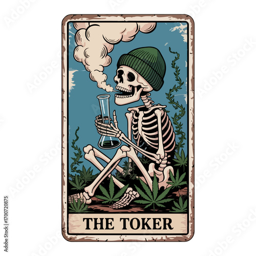 A humorous tarot card depicting a skeleton smoking from a bong in a field