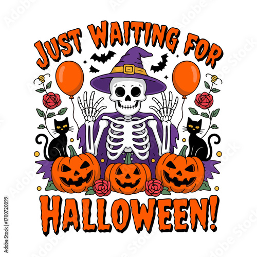 Skeleton wearing a witch hat waiting for halloween with pumpkins and black cats