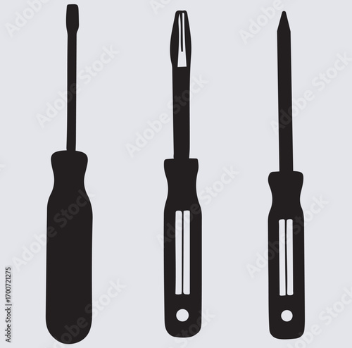 screwdrivers silhouette vector art illustration, set of screwdriver bits isolated