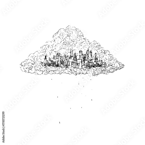 A cityscape nestled within a cloud formation with rain droplets falling in a monochrome illustration style