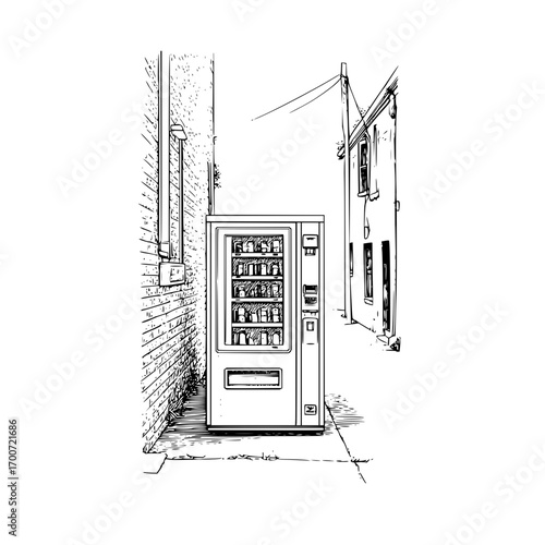 A vending machine stands between two buildings in a narrow alleyway with a brick wall and a street view