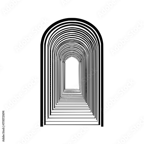 Repeating archway design with decreasing size creating a tunnel effect in black and white monochrome art