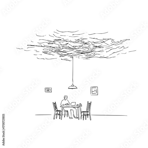 A person sits at a table with a laptop under a cloud like scribble hanging from the ceiling lamp drawing