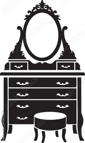Vintage Ornate Dressing Table With Mirror And Stool Silhouette furniture vanity
