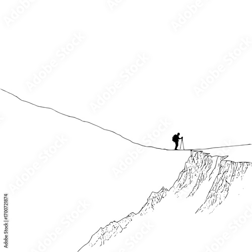 Silhouette of a lone hiker with backpack and trekking poles traversing a mountain ridge on a clear day scene