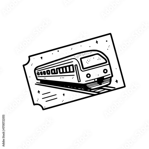 Illustration of a train on a ticket with stars and dots in a black and white color scheme drawing