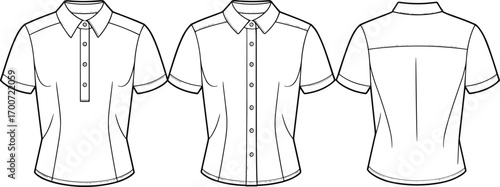 Women short sleeve shirt, button up blouse design, fashion cad template, sewing pattern garment, flat sketch, cad drawing flat vector illustration