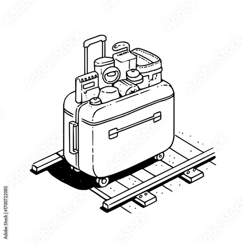 A black and white line drawing of a suitcase on train tracks with luggage on top of the suitcase