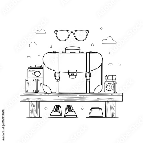 Outline drawing of a suitcase, glasses, cameras, and shoes on a wooden shelf in a minimalist style