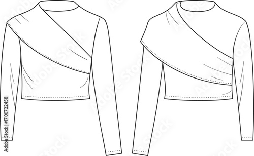Asymmetrical long sleeve blouse top, fashion flat sketch, modern clothing design template, stylish garment illustration, sewing pattern, cad drawing flat vector illustration